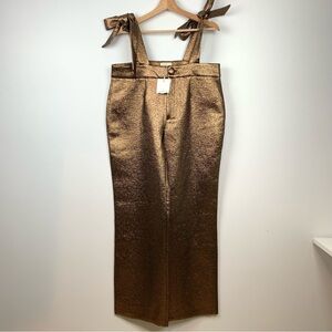 NWT Sezane Pants Trousers Gold Shimmer Sz 46 Large/XL 14 US Wide Leg Suspenders